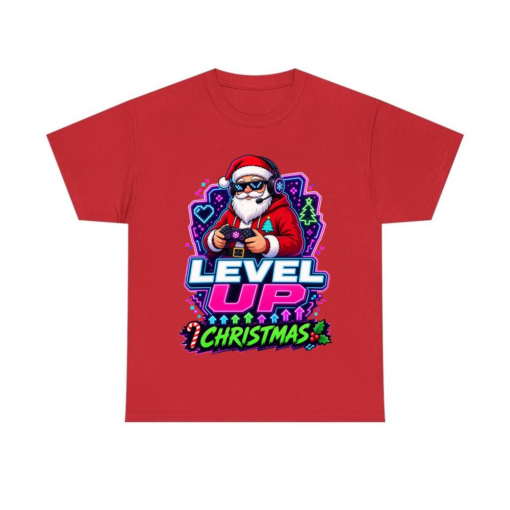 Gaming Santa Level Up personalised Christmas T-shirt in red