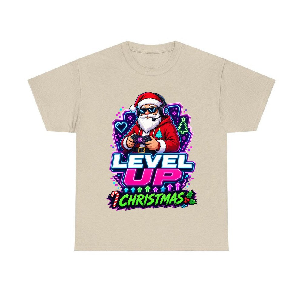 Gaming Santa Level Up personalised Christmas T-shirt in sand