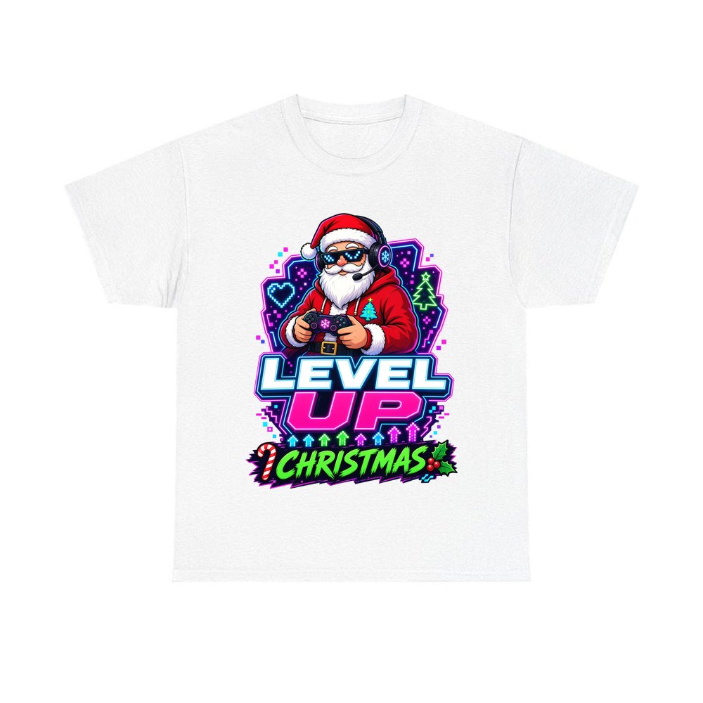 Gaming Santa Level Up personalised Christmas T-shirt in white