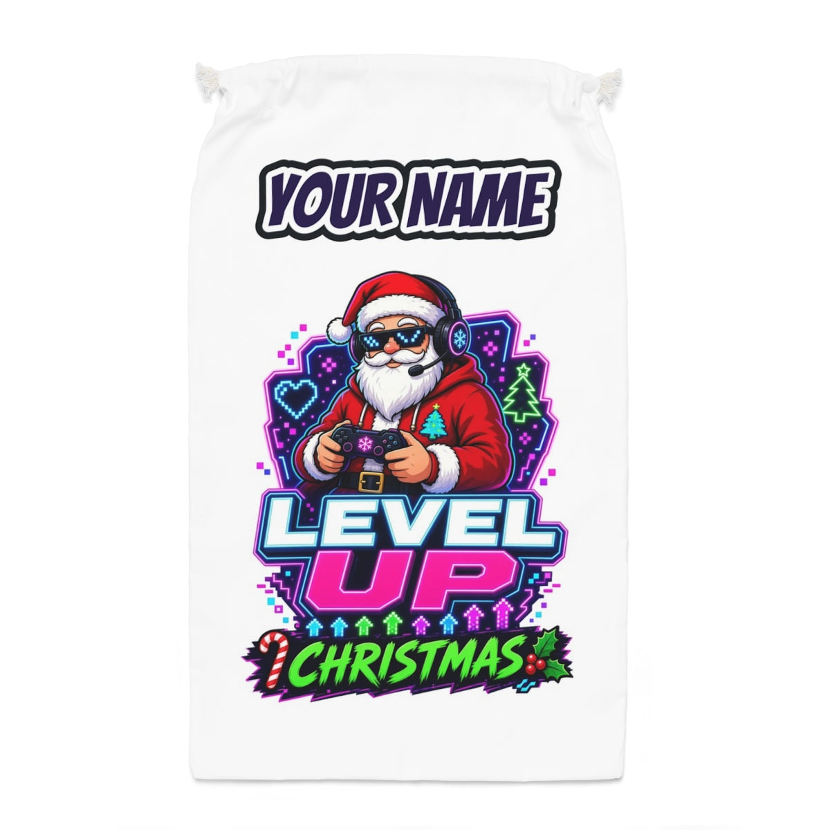 Gaming Santa Level Up Santa sack laid flat, showing the full print