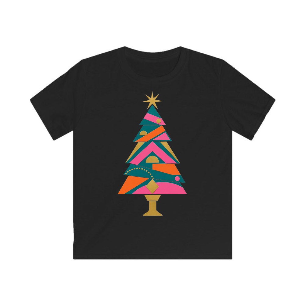 Bright Geometric Christmas Tree personalised kids Christmas tee in black