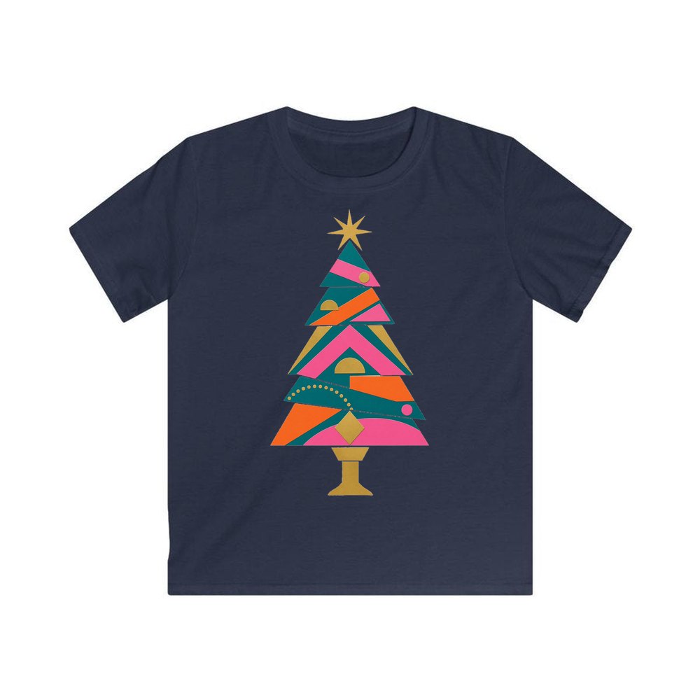 Bright Geometric Christmas Tree personalised kids Christmas tee in navy