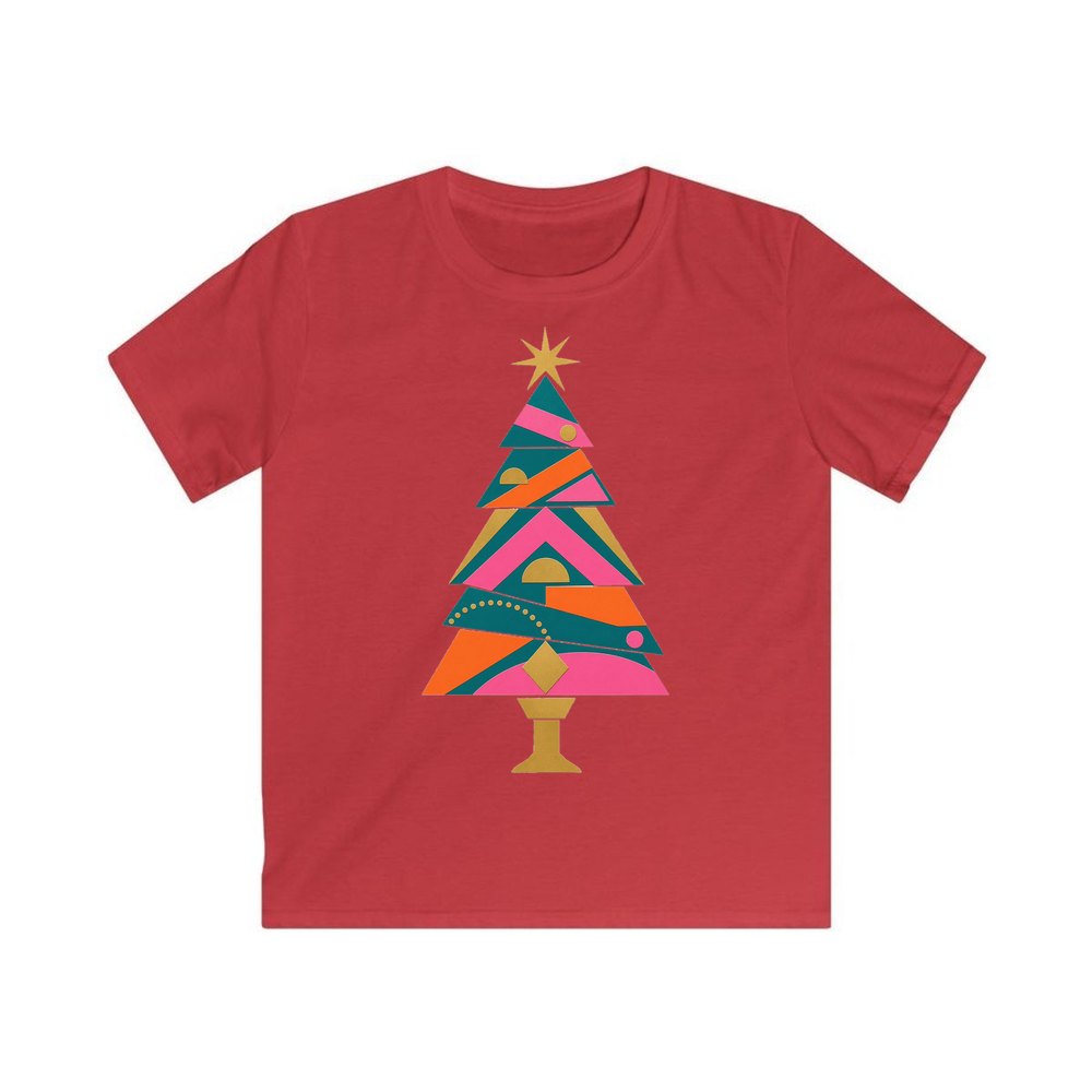 Bright Geometric Christmas Tree personalised kids Christmas tee in red