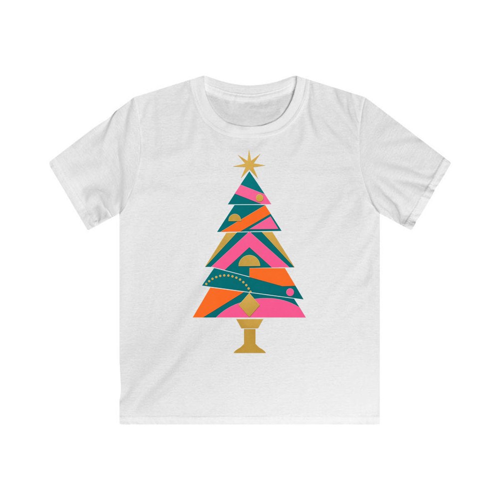 Bright Geometric Christmas Tree personalised kids Christmas tee in white