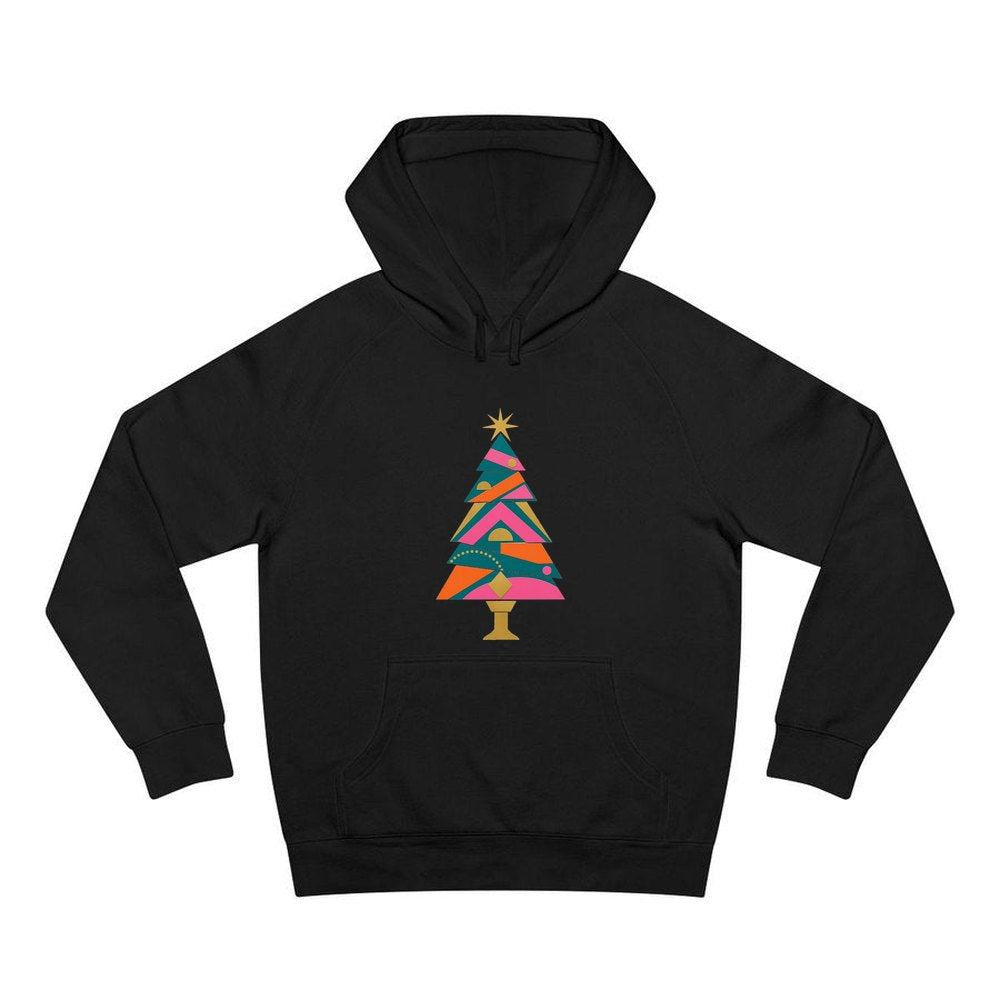 Bright Geometric Christmas Tree personalised Christmas hoodie in black