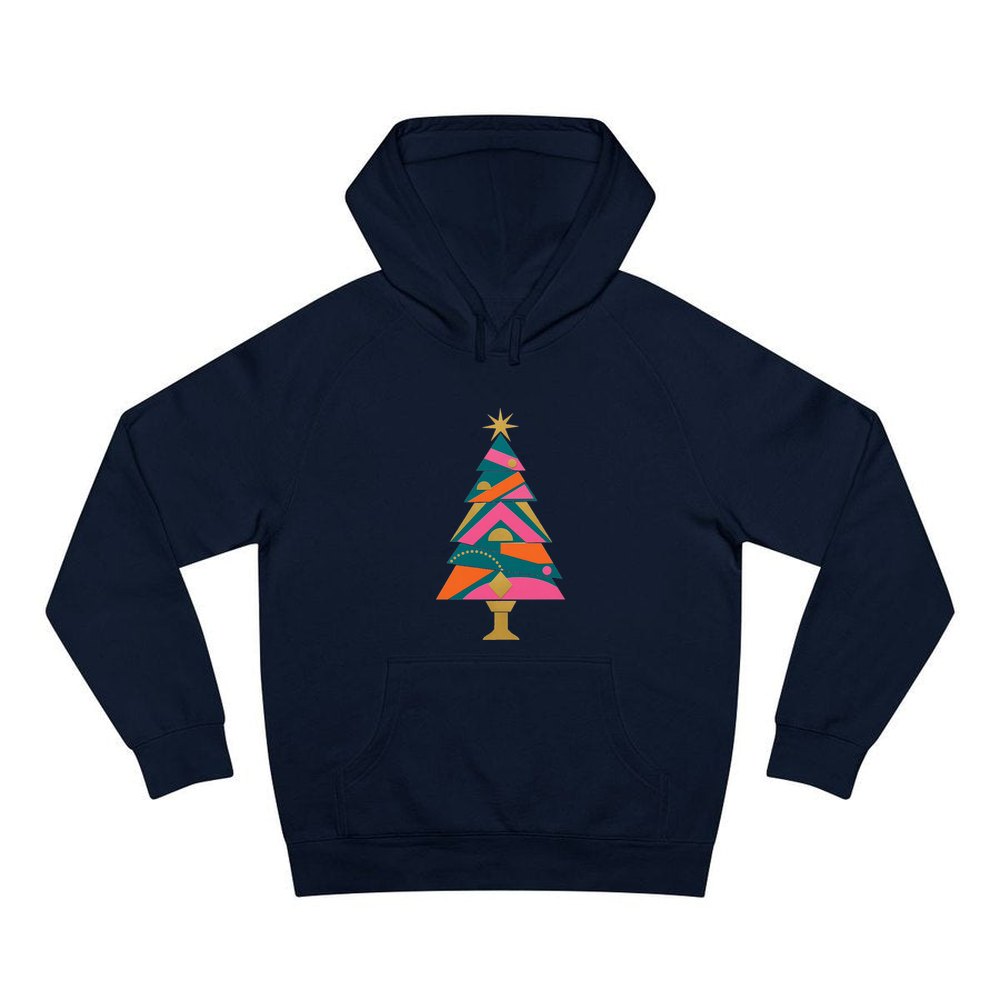 Bright Geometric Christmas Tree personalised Christmas hoodie in navy