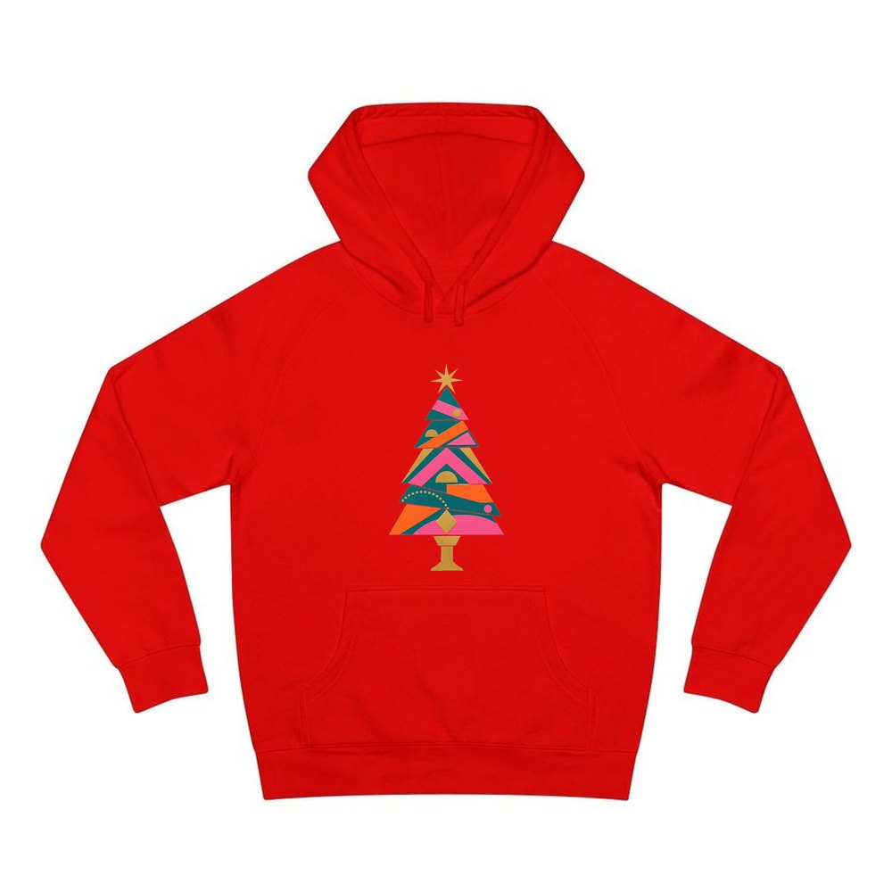 Bright Geometric Christmas Tree personalised Christmas hoodie in red