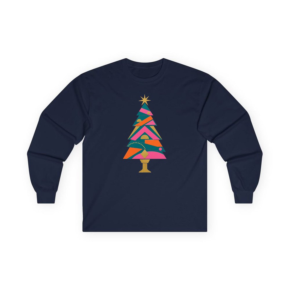 Bright Geometric Christmas Tree personalised long sleeve Christmas T-shirt in navy