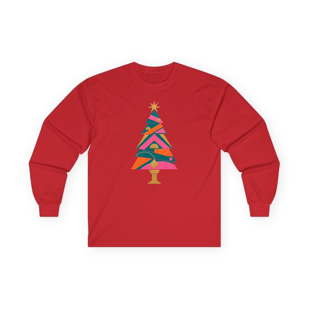 Bright Geometric Christmas Tree personalised long sleeve Christmas T-shirt in red