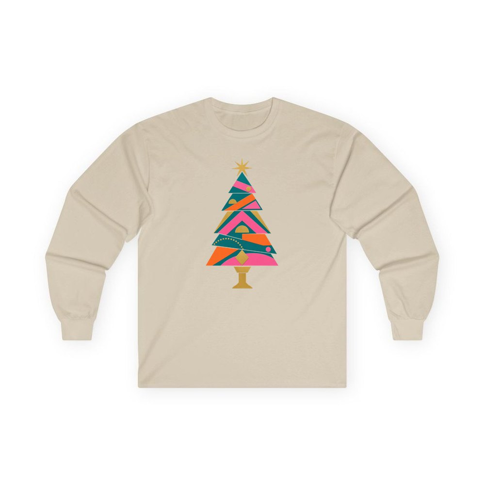 Bright Geometric Christmas Tree personalised long sleeve Christmas T-shirt in sand