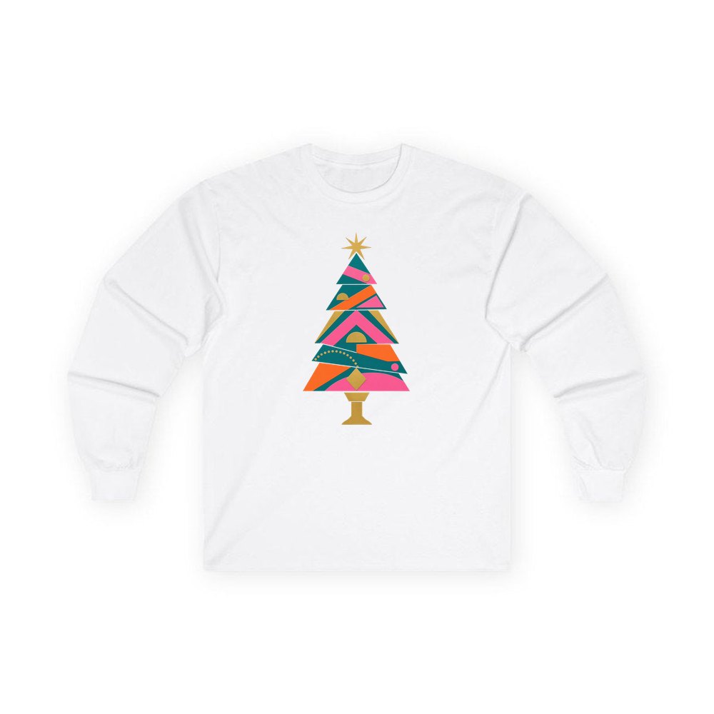 Bright Geometric Christmas Tree personalised long sleeve Christmas T-shirt in white