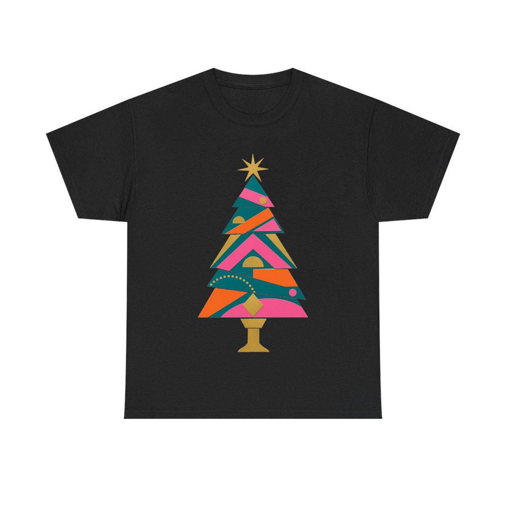 Bright Geometric Christmas Tree personalised Christmas T-shirt in black