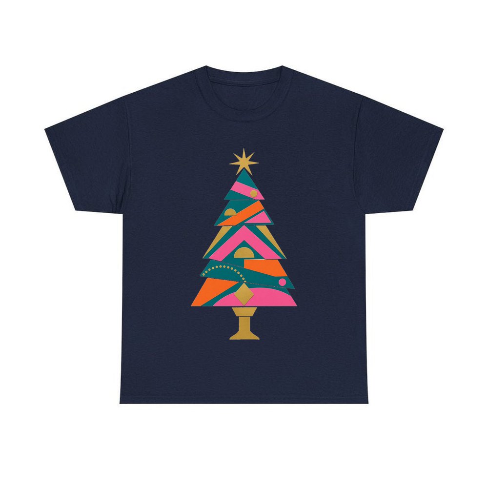 Bright Geometric Christmas Tree personalised Christmas T-shirt in navy
