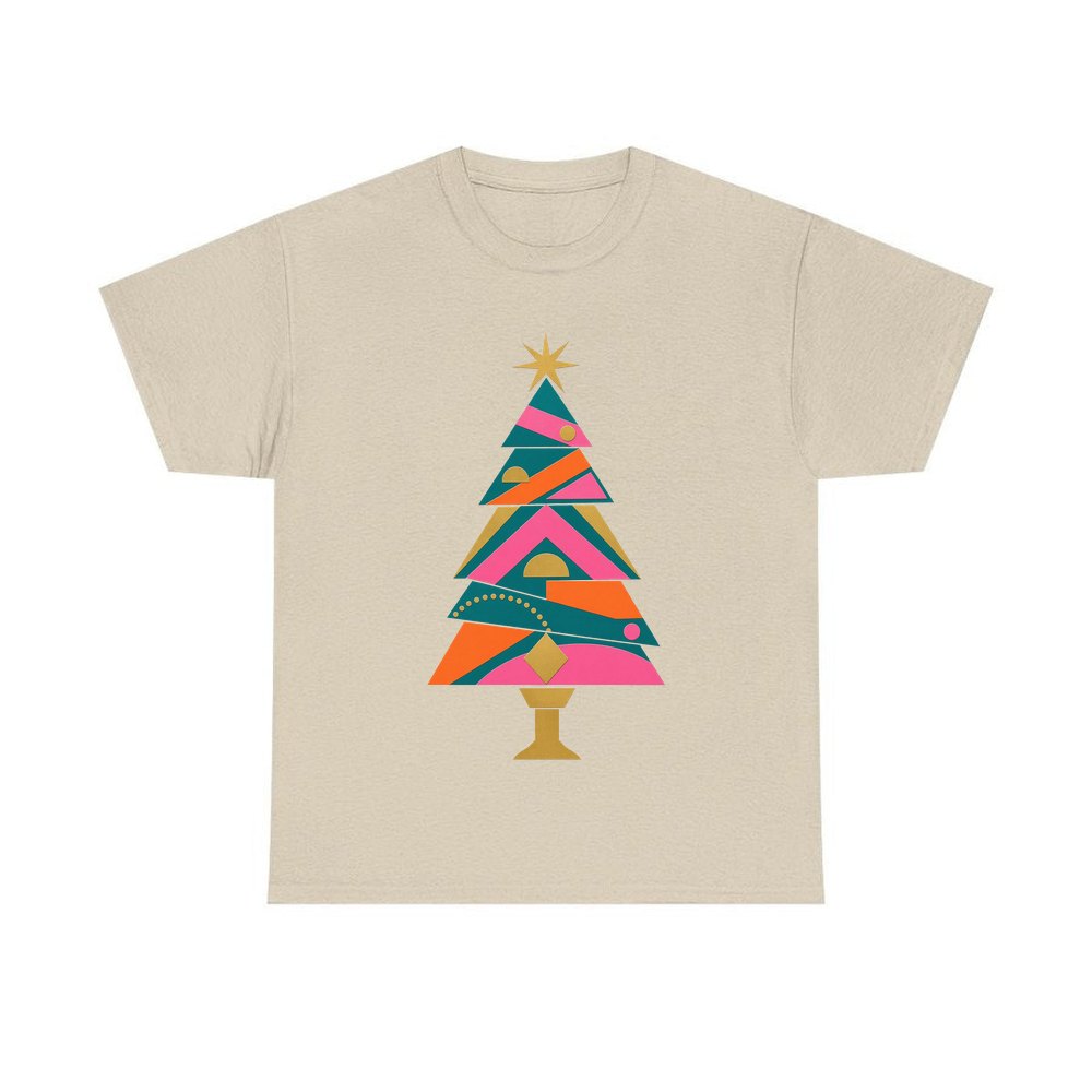 Bright Geometric Christmas Tree personalised Christmas T-shirt in sand