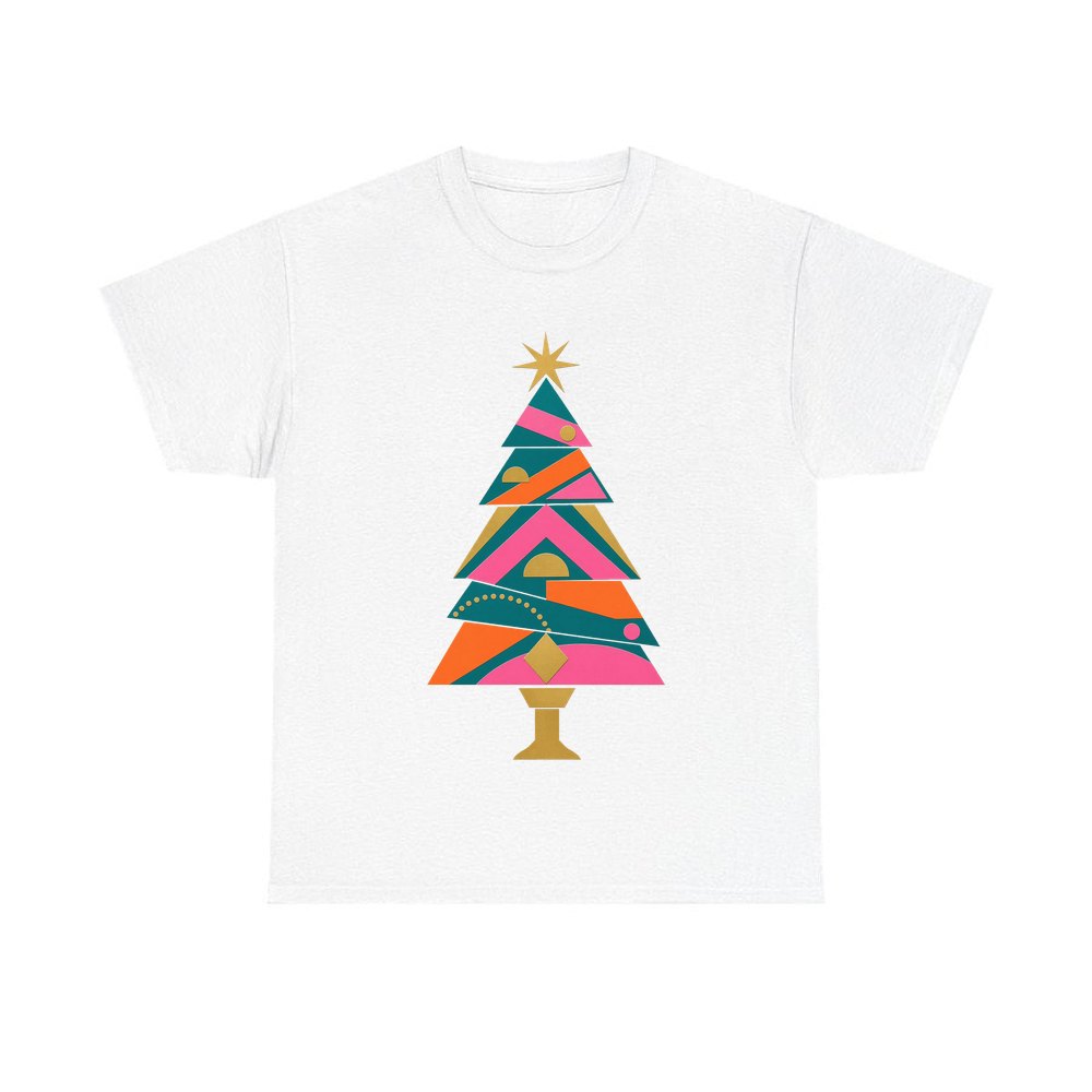 Bright Geometric Christmas Tree personalised Christmas T-shirt in white