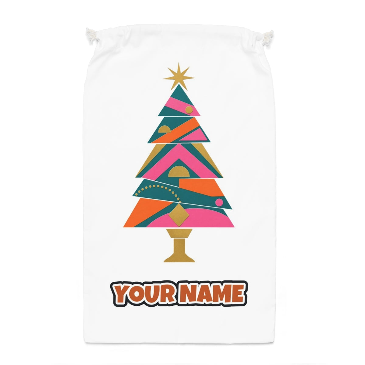 Bright Geometric Christmas Tree Santa sack laid flat, showing the full print