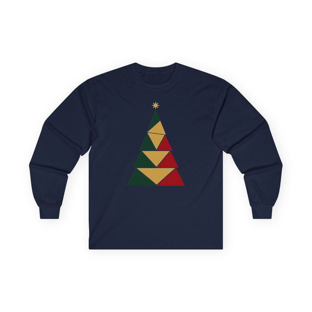 Geometric Christmas Tree personalised long sleeve Christmas T-shirt in navy