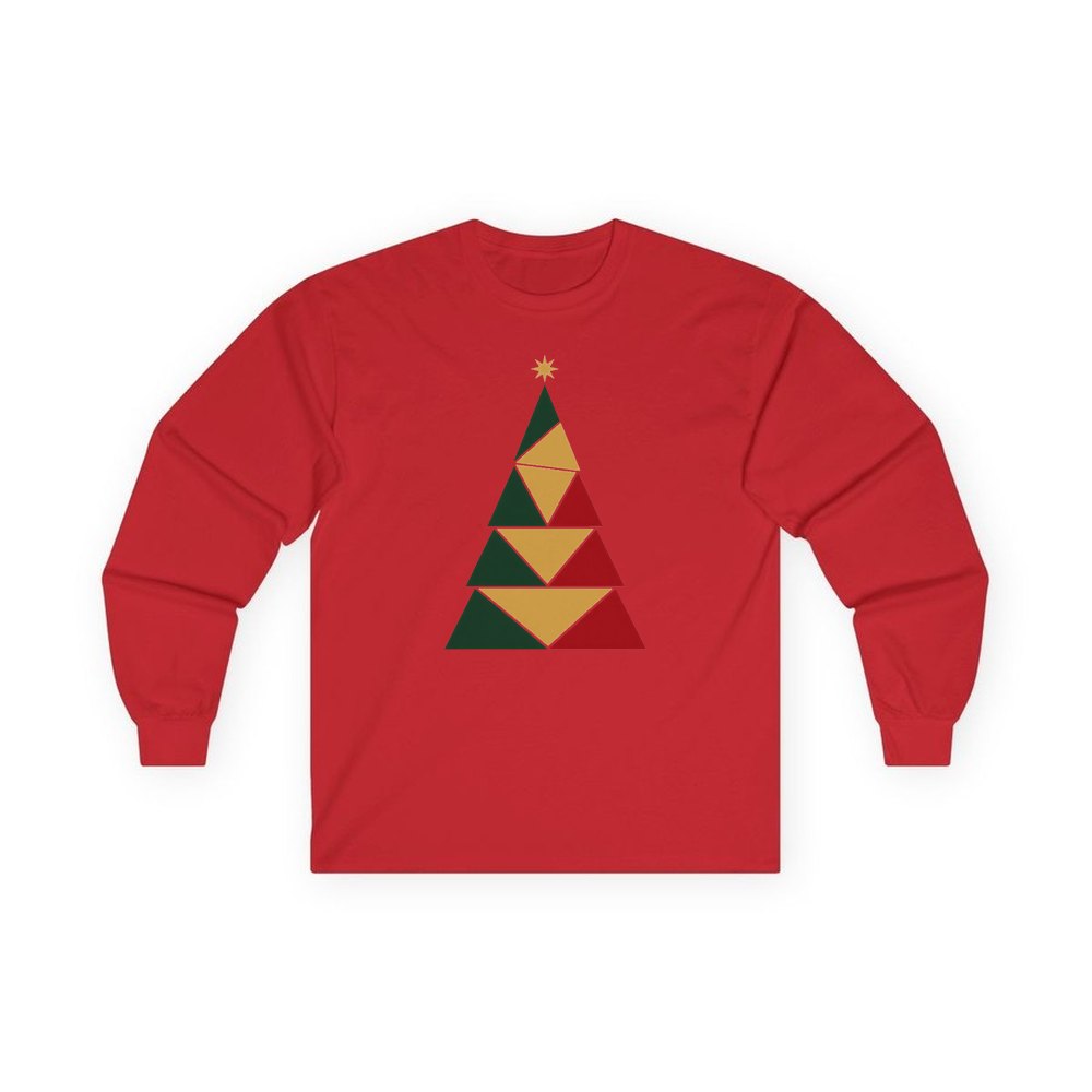 Geometric Christmas Tree personalised long sleeve Christmas T-shirt in red