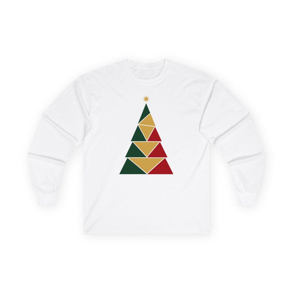 Geometric Christmas Tree personalised long sleeve Christmas T-shirt in white