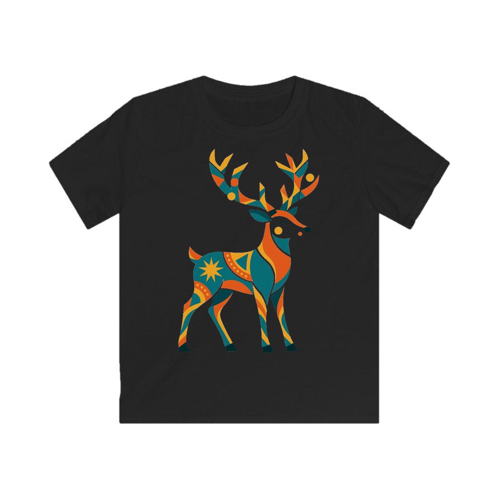 Geometric Folk Art Reindeer personalised kids Christmas tee in black