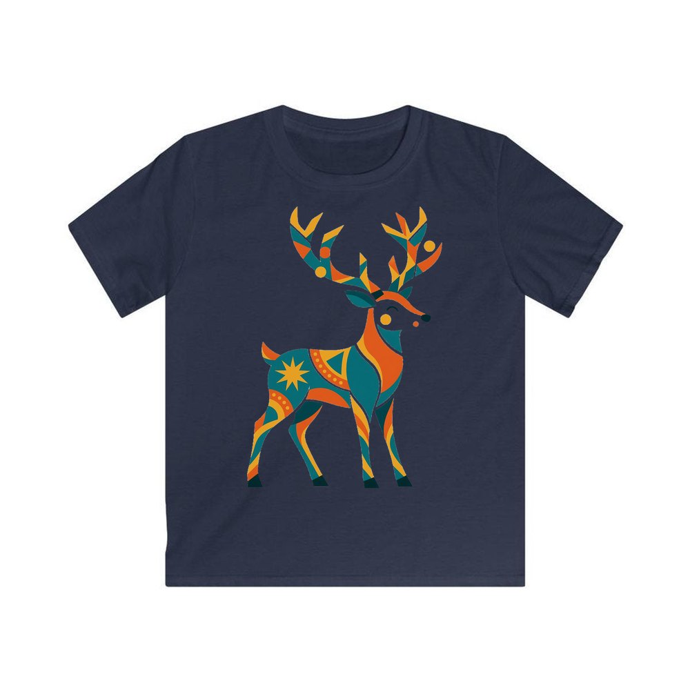 Geometric Folk Art Reindeer personalised kids Christmas tee in navy
