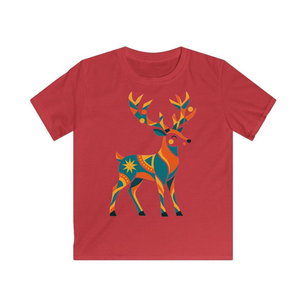 Geometric Folk Art Reindeer personalised kids Christmas tee in red