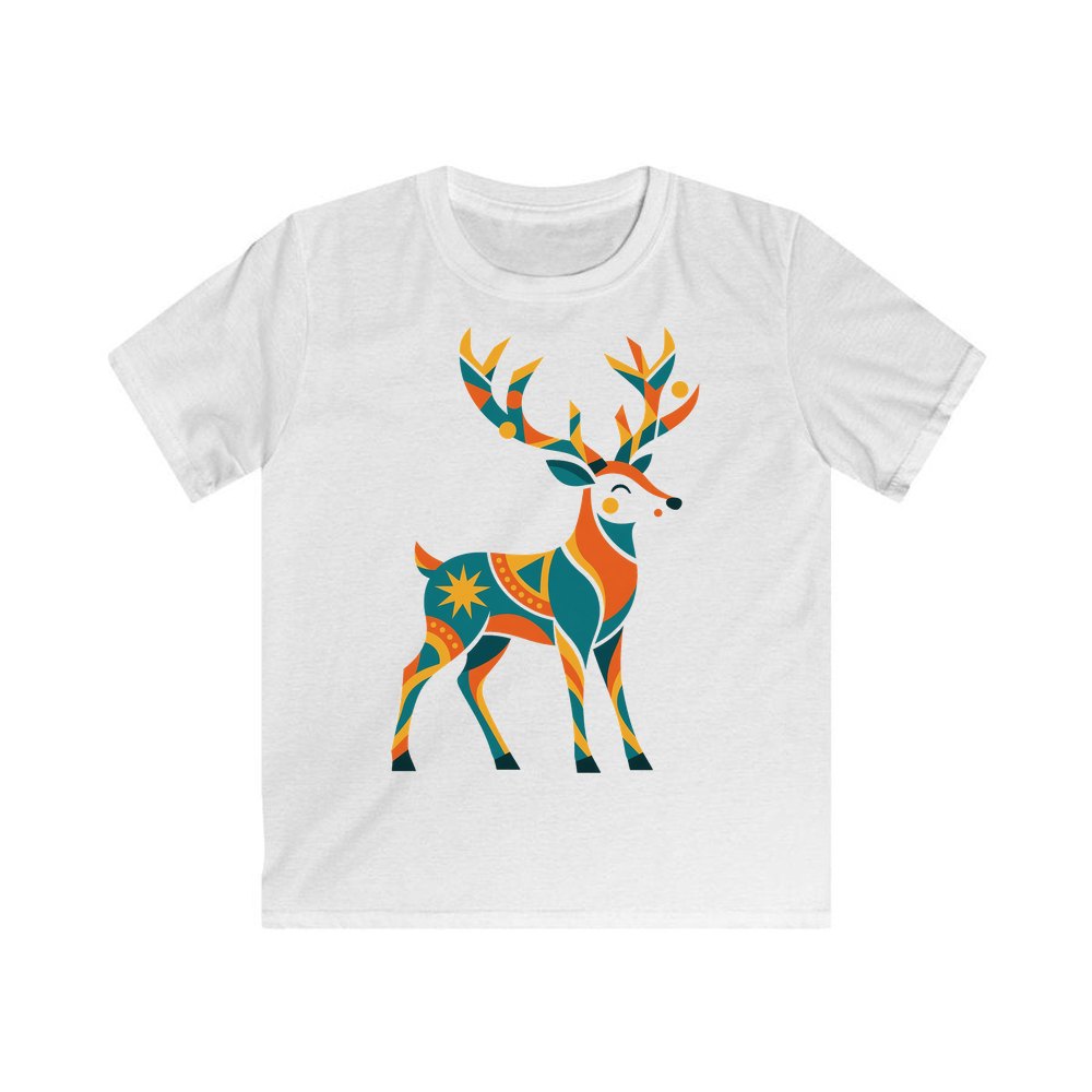 Geometric Folk Art Reindeer personalised kids Christmas tee in white