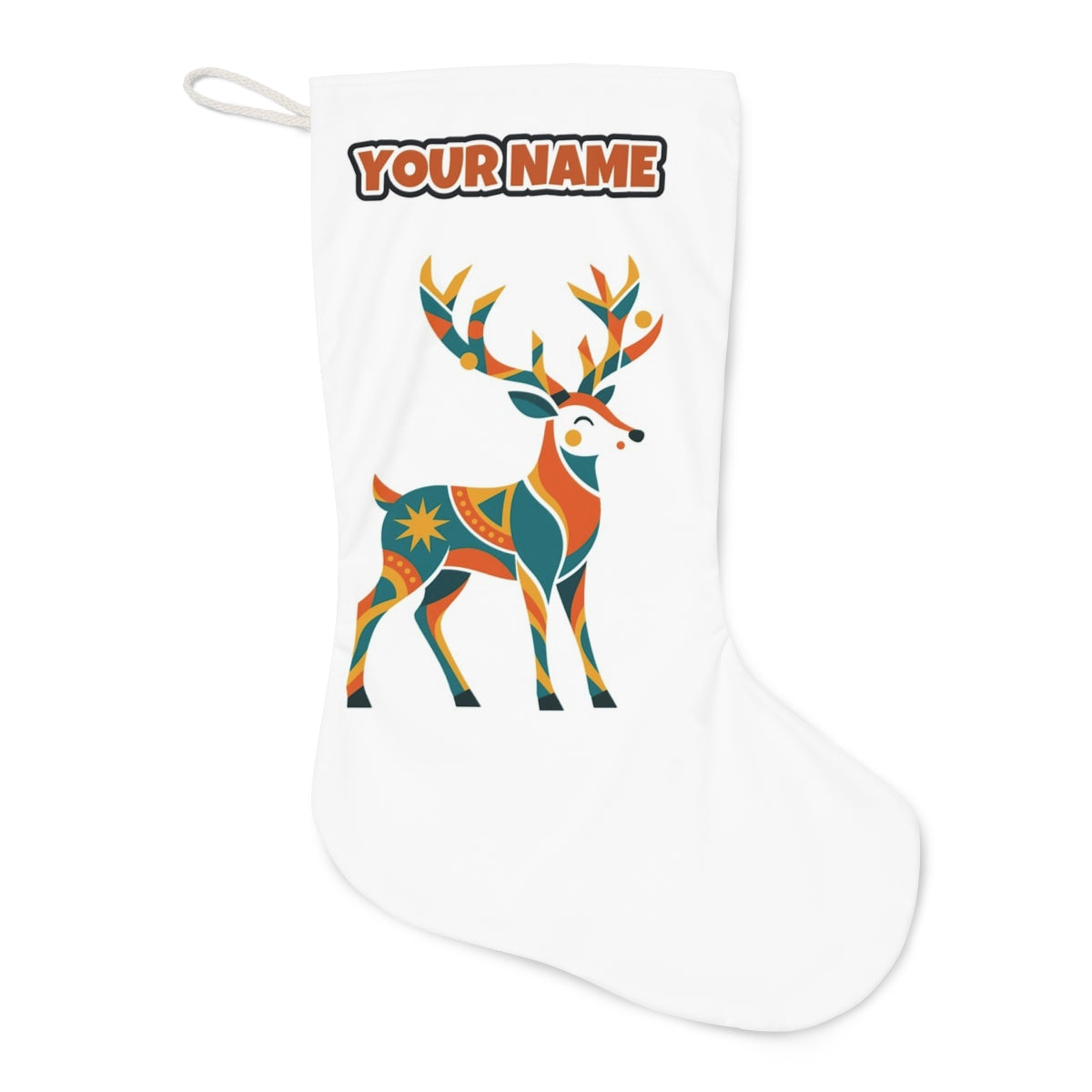 Geometric Folk Art Reindeer Christmas stocking laid flat, showing the full print