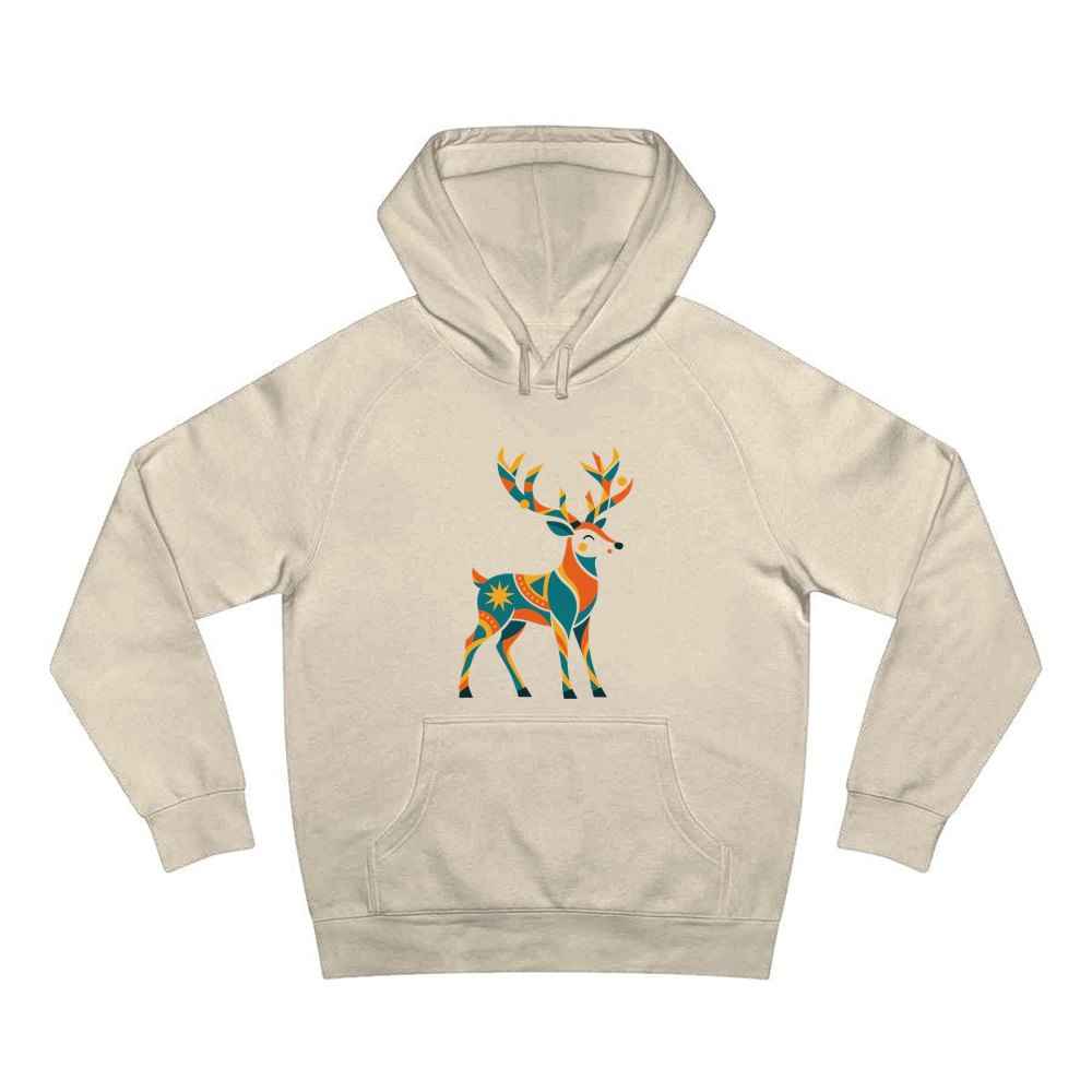 Geometric Folk Art Reindeer personalised Christmas hoodie in sand