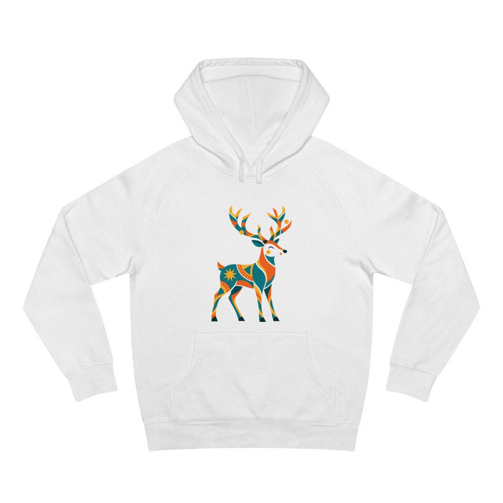 Geometric Folk Art Reindeer personalised Christmas hoodie in white