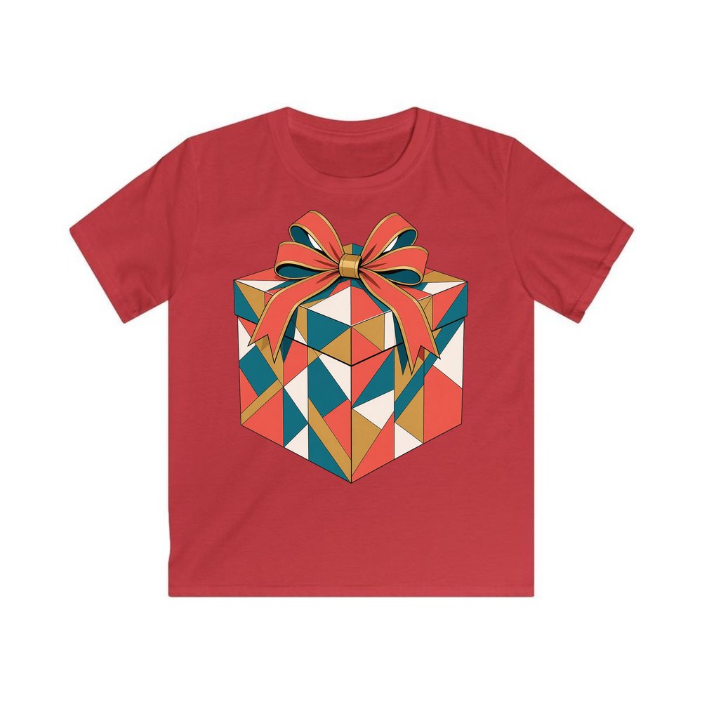 Geometric Gift Box personalised kids Christmas tee in red