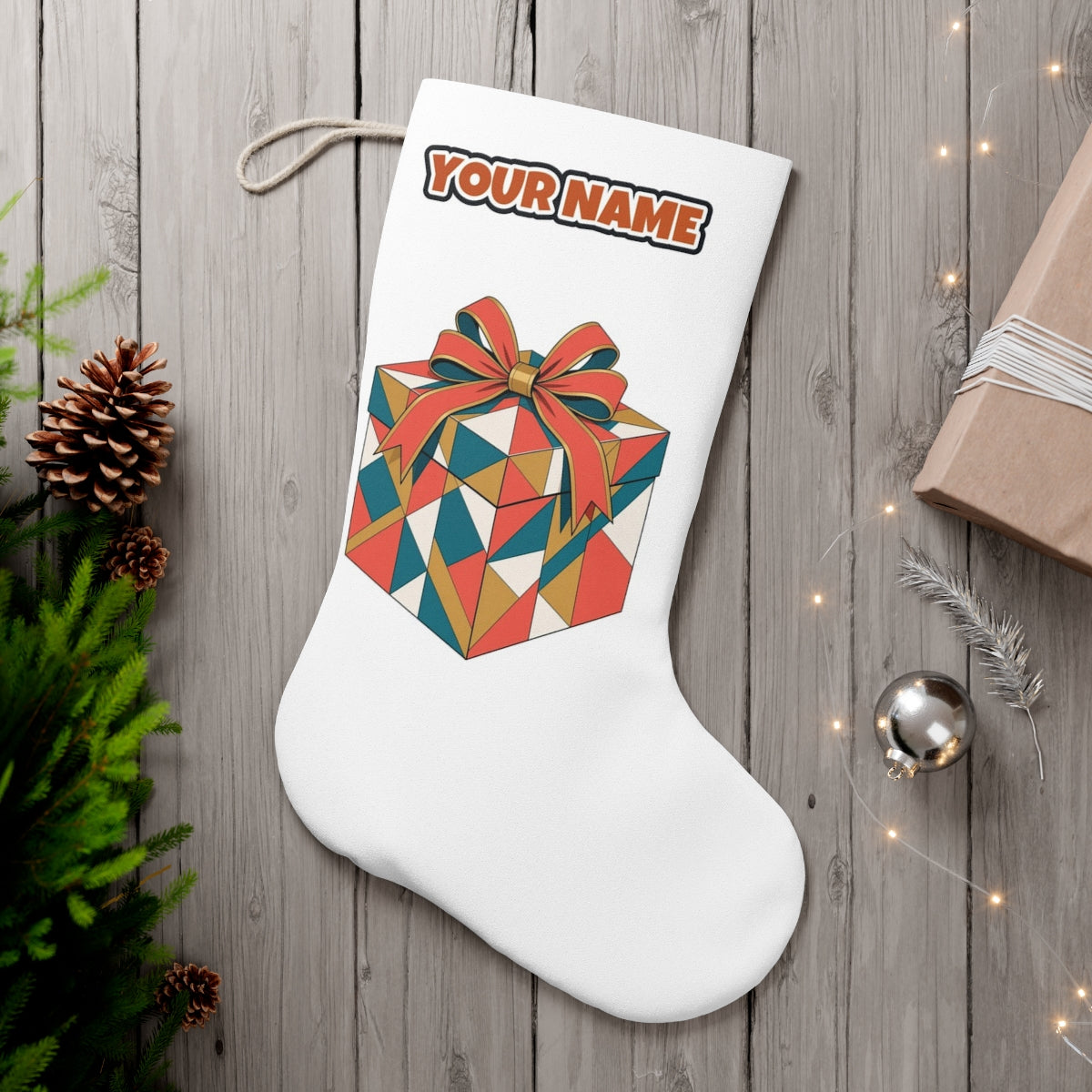 Geometric Gift Box personalised Christmas stocking, white, with the name across the top
