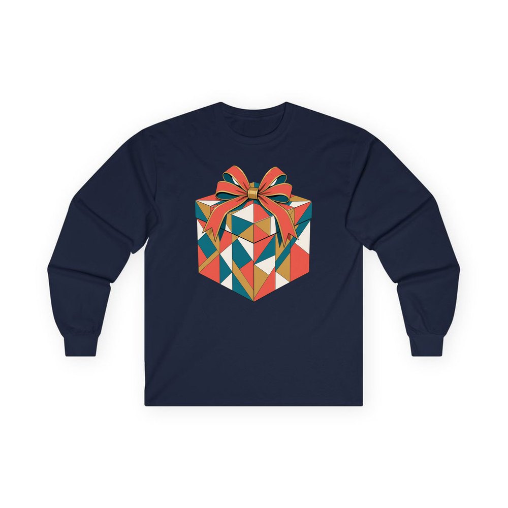 Geometric Gift Box personalised long sleeve Christmas T-shirt in navy
