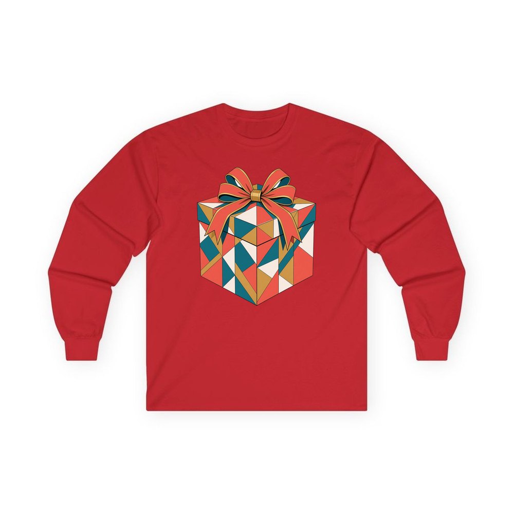 Geometric Gift Box personalised long sleeve Christmas T-shirt in red