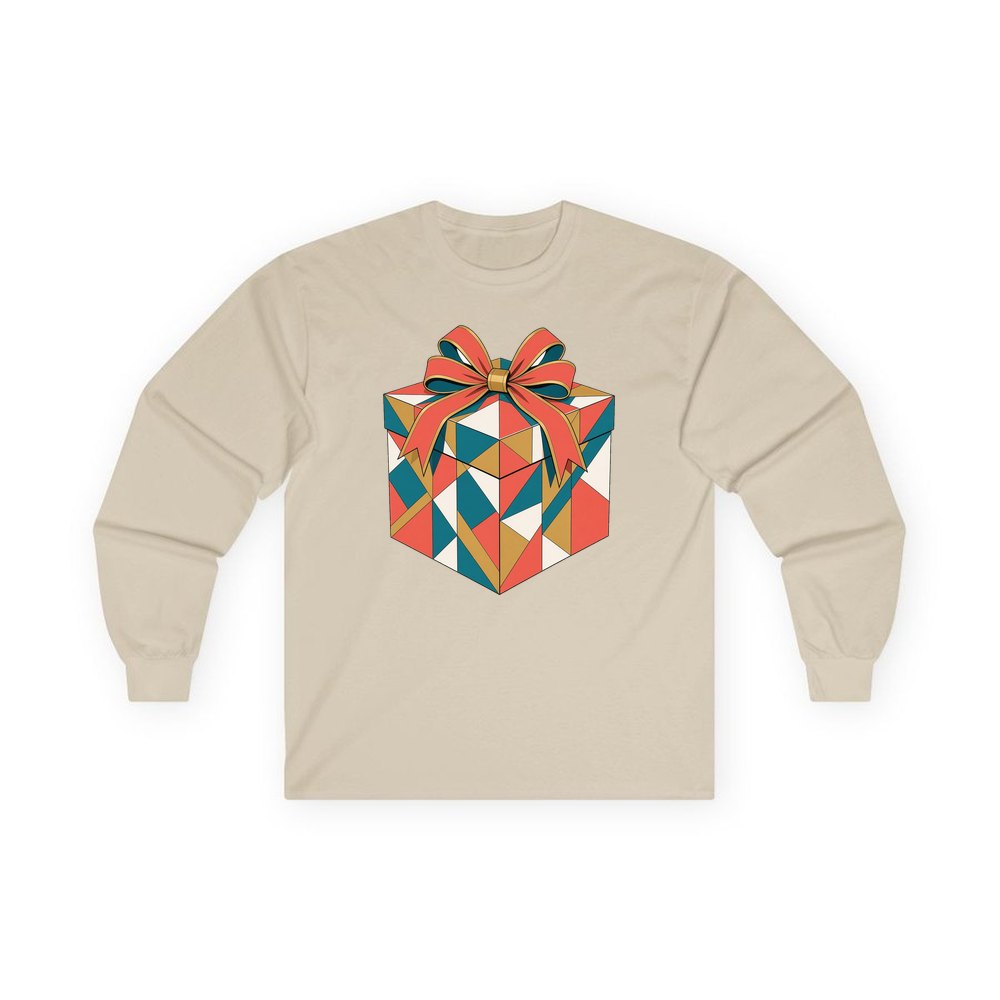 Geometric Gift Box personalised long sleeve Christmas T-shirt in sand