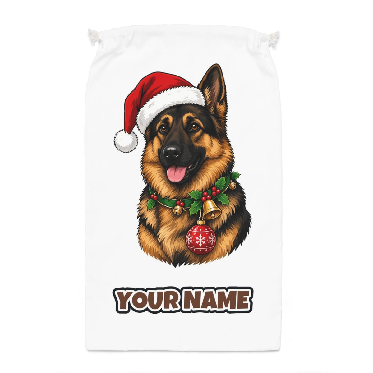 German Shepherd Santa sack laid flat, showing the full print