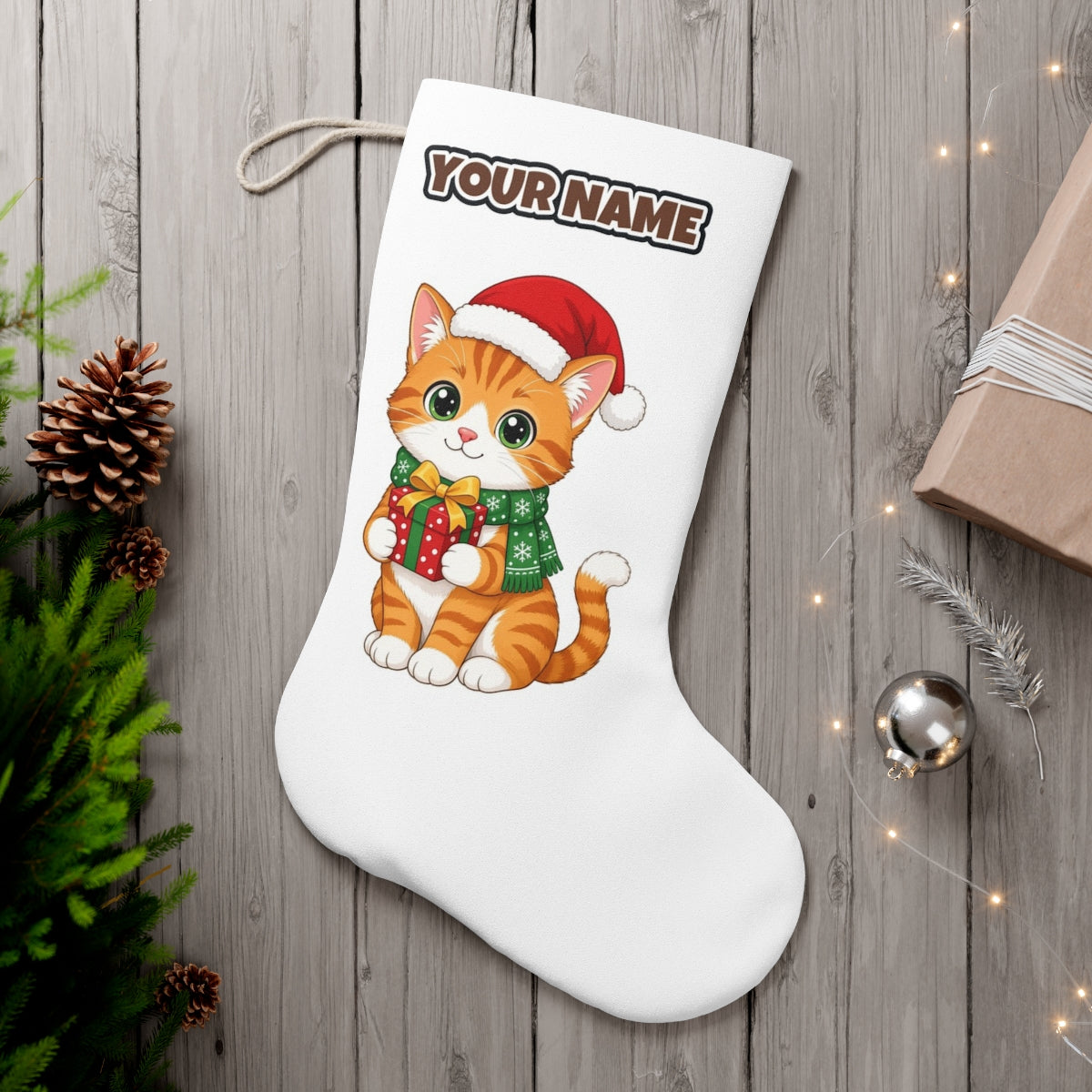 Ginger Cat Christmas Gift personalised Christmas stocking, white, with the name across the top
