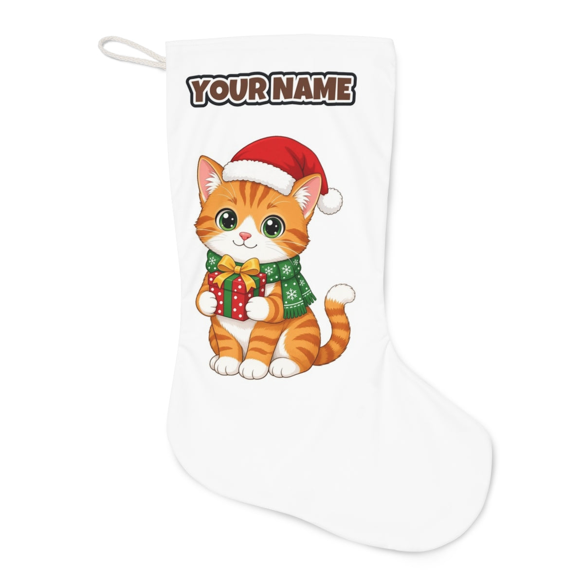 Ginger Cat Christmas Gift Christmas stocking laid flat, showing the full print
