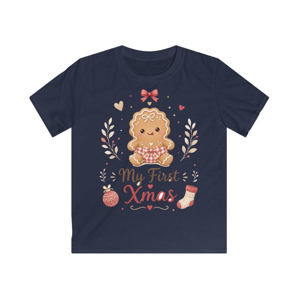 Gingerbread Baby First Xmas personalised kids Christmas tee in navy