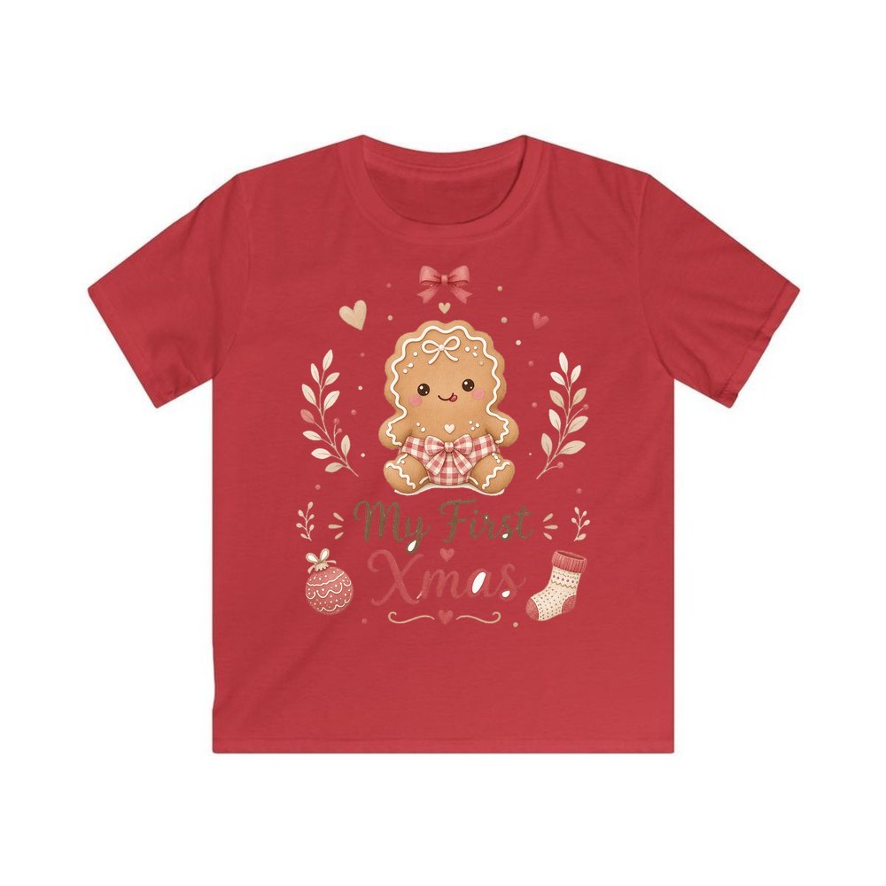 Gingerbread Baby First Xmas personalised kids Christmas tee in red