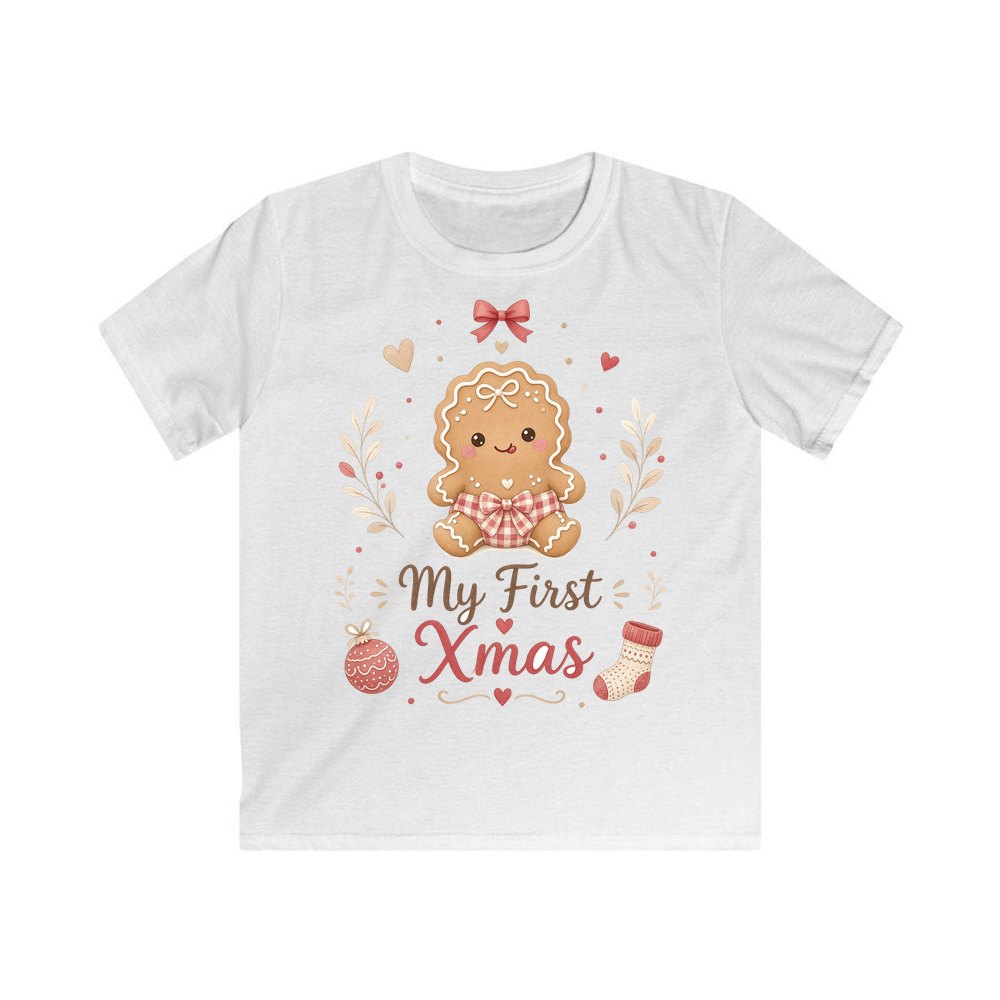 Gingerbread Baby First Xmas personalised kids Christmas tee in white