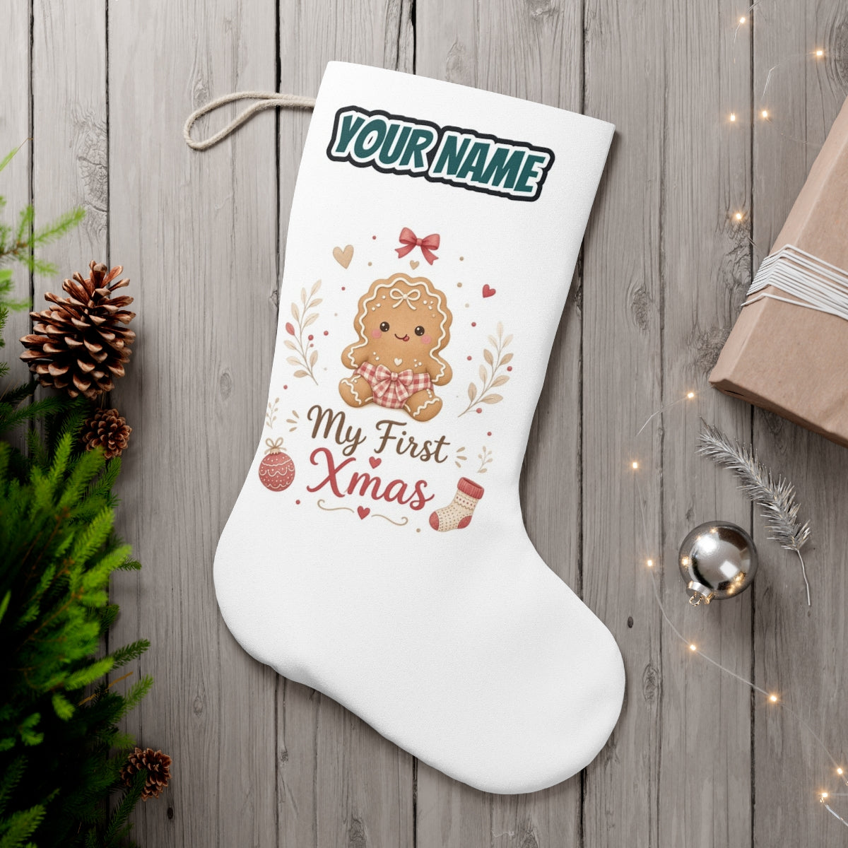 Gingerbread Baby First Xmas personalised Christmas stocking, white, with the name across the top