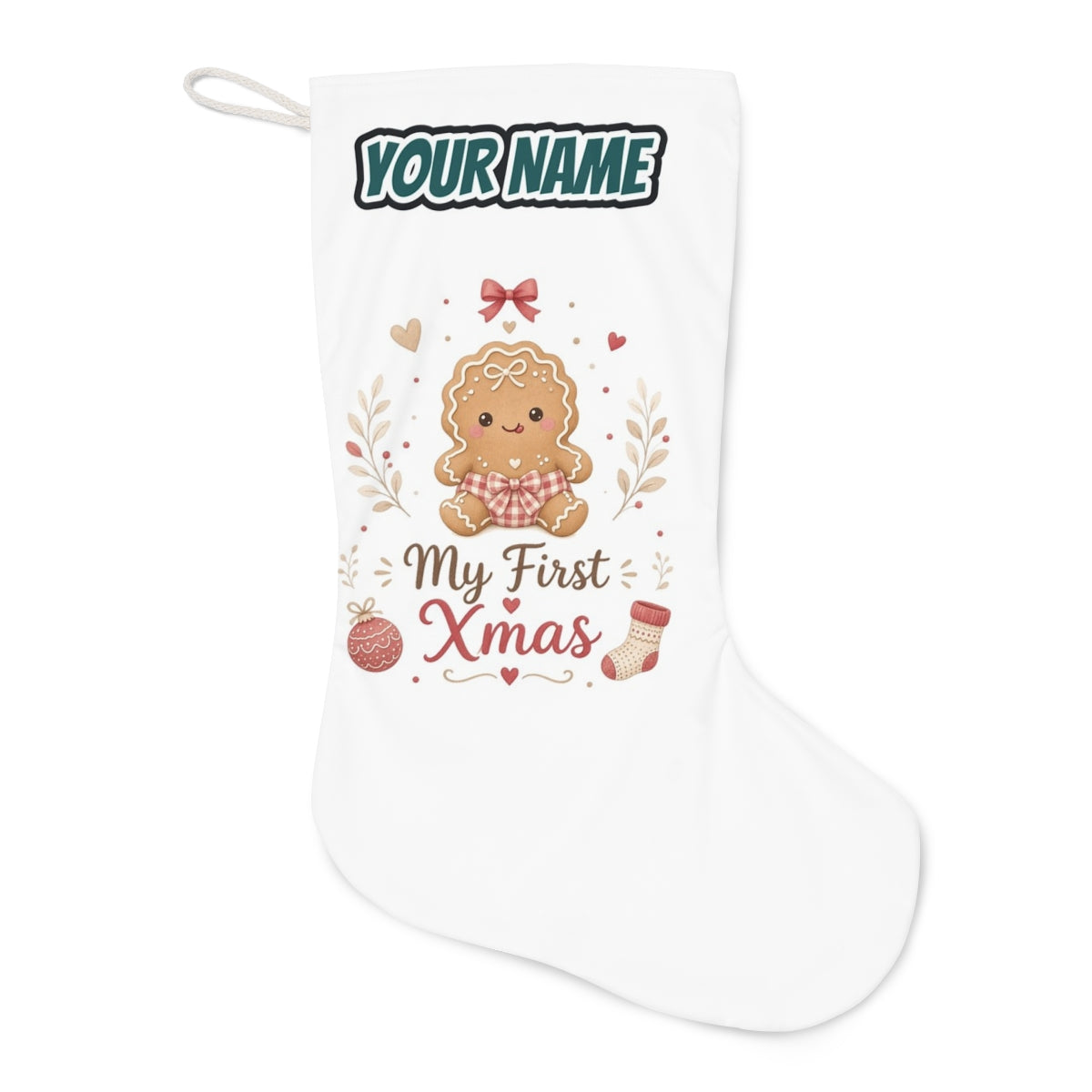 Gingerbread Baby First Xmas Christmas stocking laid flat, showing the full print