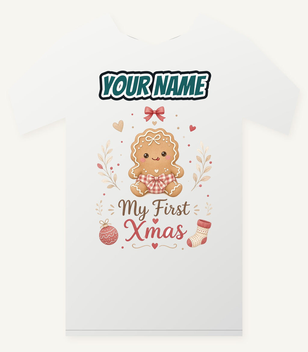 Gingerbread Baby First Xmas Personalised Christmas T-Shirt and Hoodie