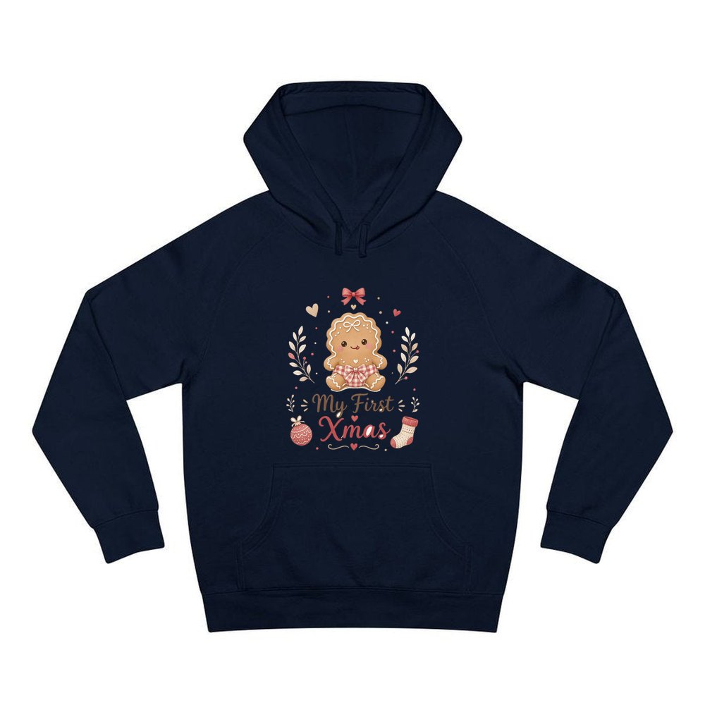 Gingerbread Baby First Xmas personalised Christmas hoodie in navy