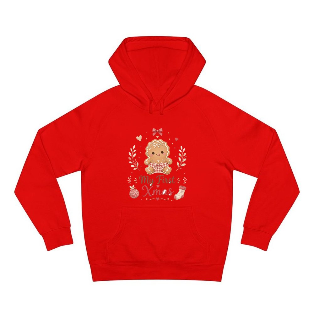 Gingerbread Baby First Xmas personalised Christmas hoodie in red