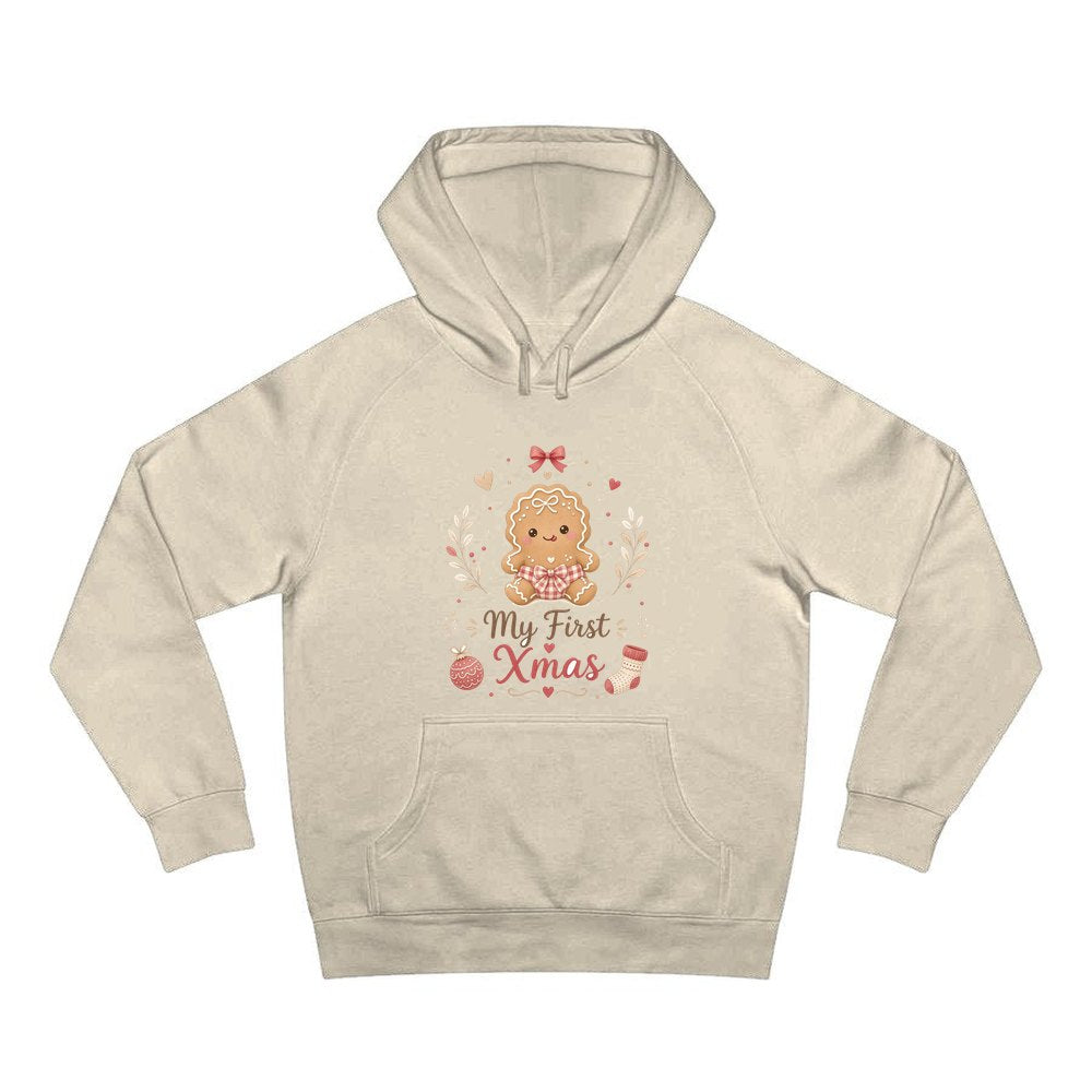 Gingerbread Baby First Xmas personalised Christmas hoodie in sand