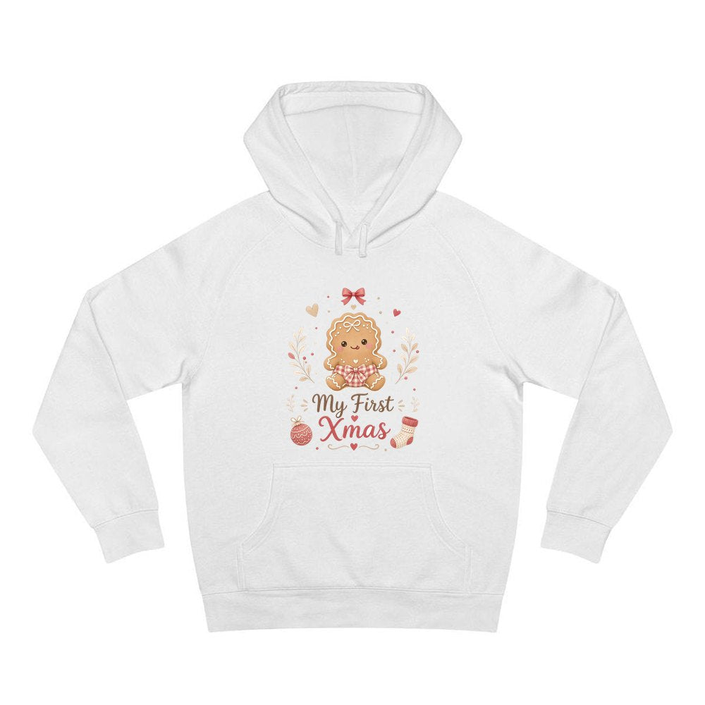 Gingerbread Baby First Xmas personalised Christmas hoodie in white