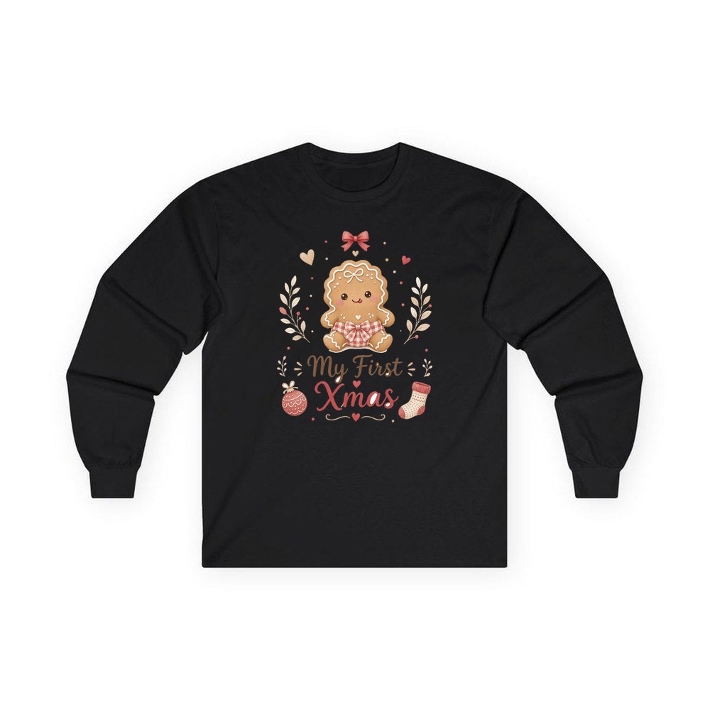 Gingerbread Baby First Xmas personalised long sleeve Christmas T-shirt in black