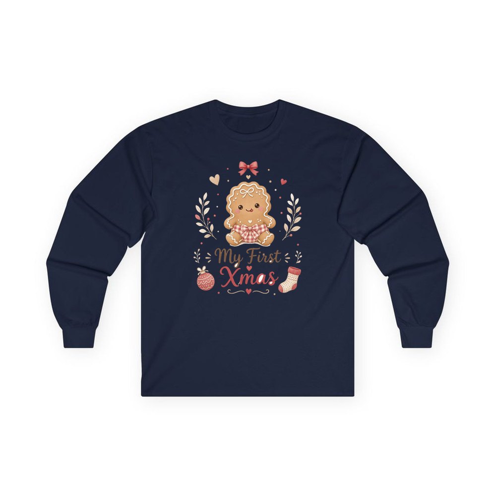Gingerbread Baby First Xmas personalised long sleeve Christmas T-shirt in navy